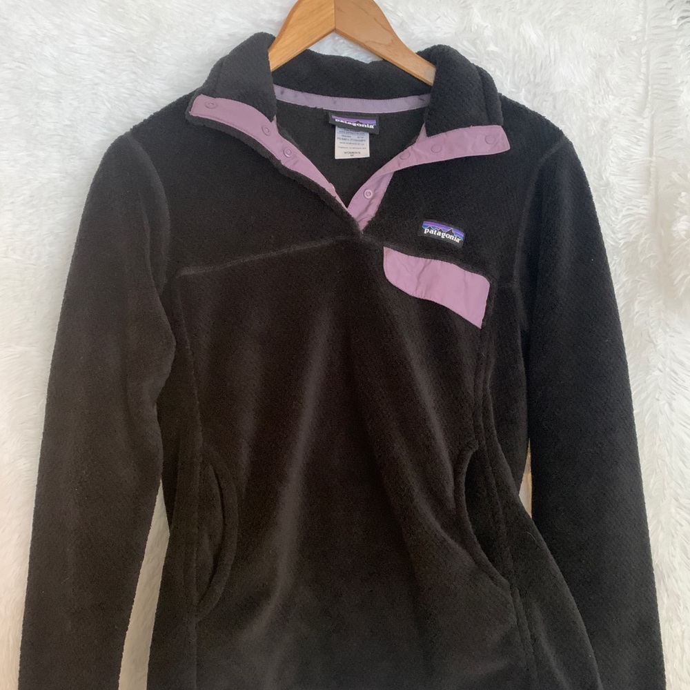 Black Patagonia Pullover with Lavender Accents